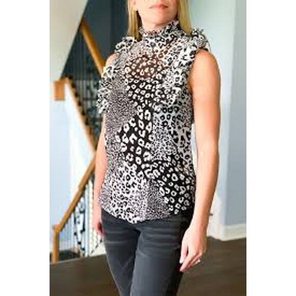 Olivaceous Black White Snow Leopard Sheer Sleeveless Blouse Top Small Tuxedo NEW - Picture 1 of 8